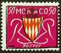 Марка почтовая (50 c.). "Государственный герб". 1954 год, Монако.