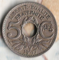 Монета 5 сантимов. 1917 год, Франция. Тип Линдауэра.