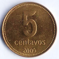 Монета 5 сентаво. 2005 год, Аргентина.