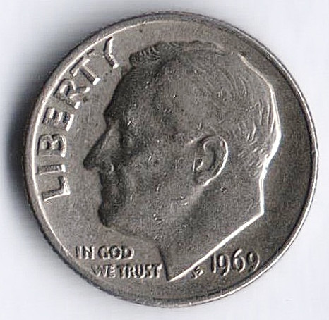 Монета 10 центов. 1969 год, США.