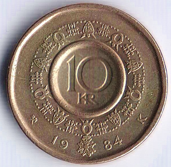 Монета 10 крон. 1984 год, Норвегия.