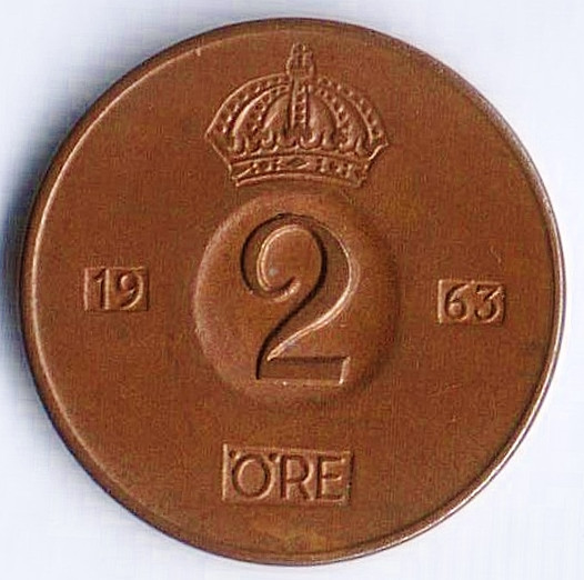 Монета 2 эре. 1963(U) год, Швеция.