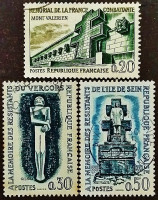 Набор почтовых марок (3 шт.). "Мемориалы бойцам Сопротивления". 1962 год, Франция.