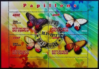 Блок марок (4 шт.). "Бабочки". 2013 год, Республика Конго.