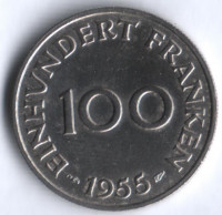 Монета 100 франков. 1955 год, Саарленд.