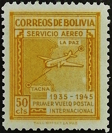 Марка почтовая (50 c.). "15 лет Первой авиапочтовой службе PANAGRA". 1945 год, Боливия.