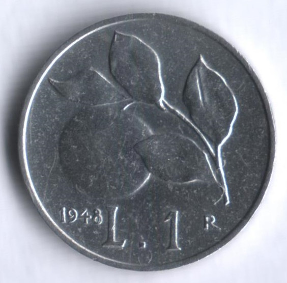 Монета 1 лира. 1948 год, Италия.