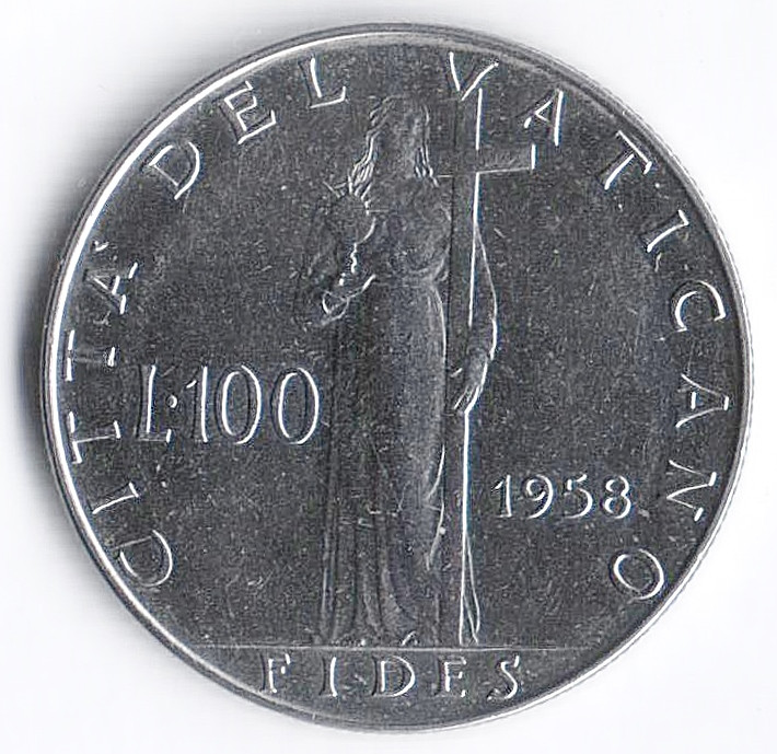 Монета 100 лир. 1958 год, Ватикан.