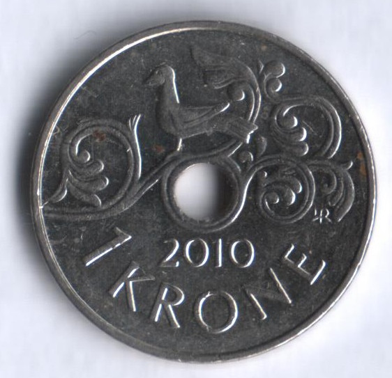 Монета 1 крона. 2010 год, Норвегия.