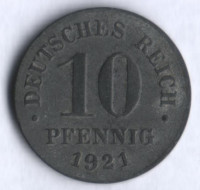 Монета 10 пфеннигов. 1921 год, Германская империя.
