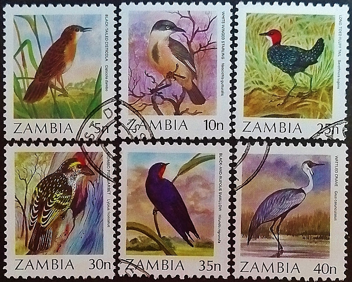 Набор почтовых марок (6 шт.). "Стандарт - Птицы". 1987 год, Замбия.