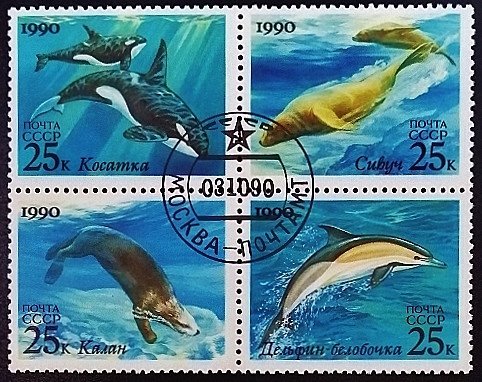 Набор почтовых марок (4 шт.). "Совместный выпуск СССР и США – Морские млекопитающие". 1990 год, СССР. Набор почтовых марок (4 шт.). "Совместный выпуск СССР и США – Морские млекопитающие". 1990 год, СССР.