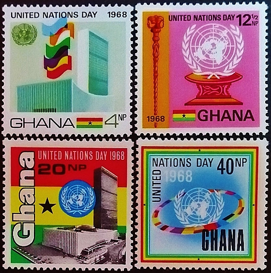 Набор марок (4 шт.). "День ООН". 1969 год, Гана. Набор марок (4 шт.). "День ООН". 1969 год, Гана.