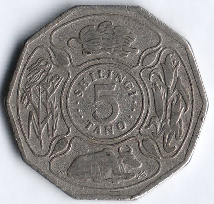 Монета 5 шиллингов. 1990 год, Танзания.