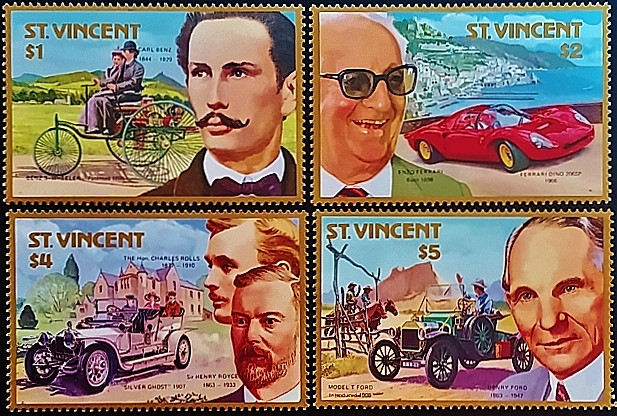 Набор марок (4 шт.). "100-летие автомобилестроения (I)". 1987 год, Сент-Винсент и Гренадины. Набор марок (4 шт.). "100-летие автомобилестроения (I)". 1987 год, Сент-Винсент и Гренадины.