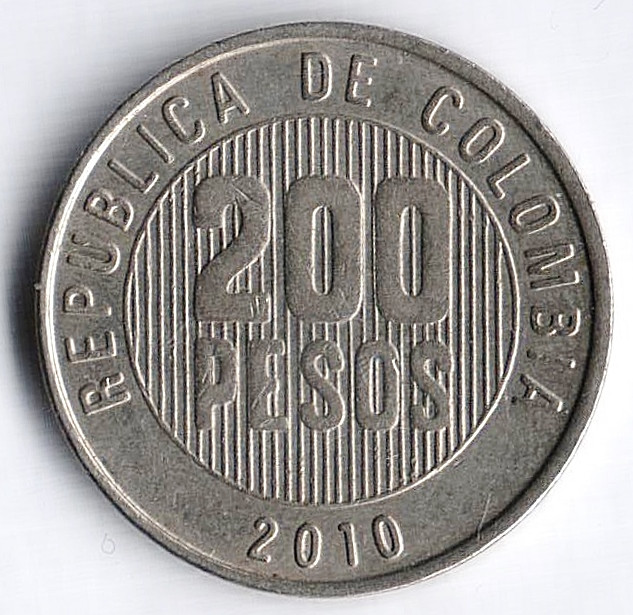 Монета 200 песо. 2010 год, Колумбия.