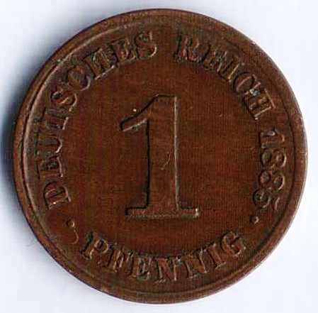 Монета 1 пфенниг. 1885 год (J), Германская империя.