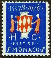 Марка почтовая (1 fr.). "Государственный герб". 1954 год, Монако.