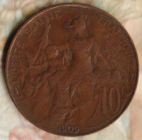 Монета 10 сантимов. 1909 год, Франция.