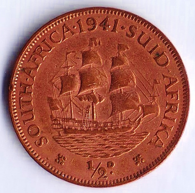 Монета 1/2 пенни. 1941 год, Южная Африка.