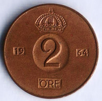 Монета 2 эре. 1964(U) год, Швеция.