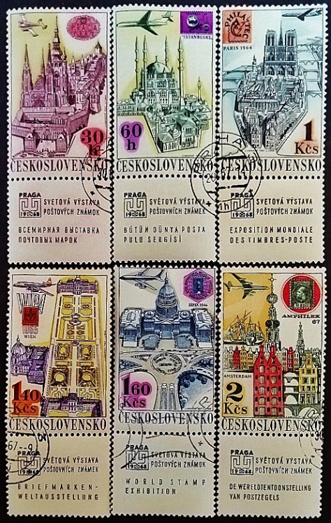 Набор почтовых марок с этикеткой (6 шт.). "Международная выставка марок PRAGA`1968". 1967 год, Чехословакия.