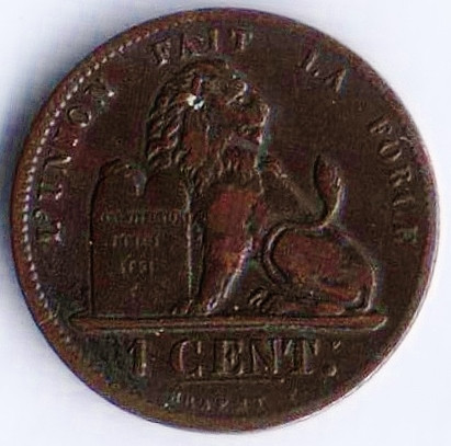Монета 1 сантим. 1862 год, Бельгия.