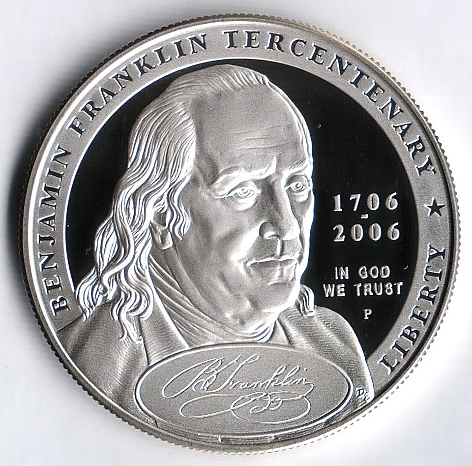 Доллары 2006 года. Бенджамин Франклин монета. Однодолларовая монета Франклин. Монета США 1 доллар 2006 300-летний юбилей Бенджамина Франклина. Доллар Франклин монета.