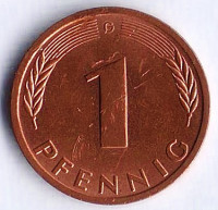 Монета 1 пфенниг. 1985(G) год, ФРГ.