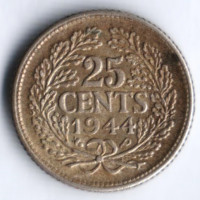 Монета 25 центов. 1944 год, Нидерланды.