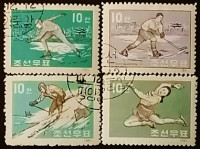 Набор почтовых марок  (4 шт.). "Зимние виды спорта". 1961 год, Северная Корея.