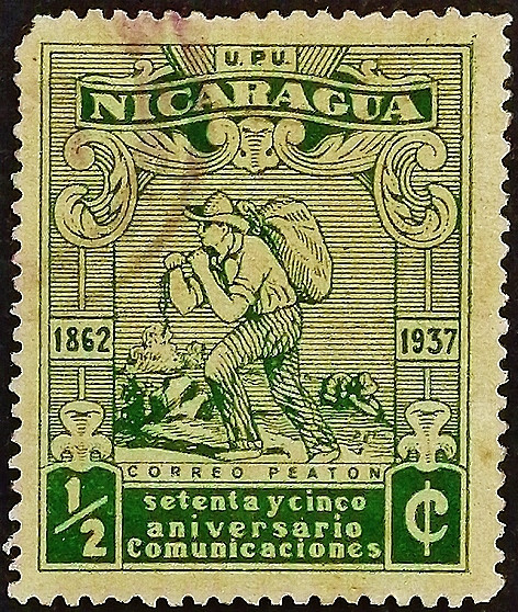 Почтовая марка (½ c.). "75 лет Почте". 1938 год, Никарагуа.