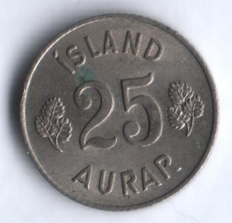 Монета 25 эйре. 1963 год, Исландия.