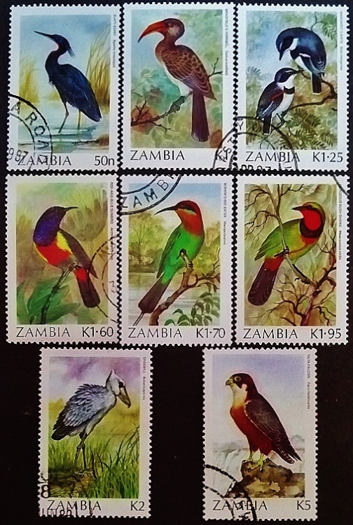 Набор почтовых марок (8 шт.). "Стандарт - Птицы". 1987 год, Замбия.