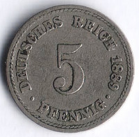 Монета 5 пфеннигов. 1889 год (A), Германская империя.