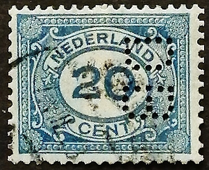 Марка (перфин) "DB". "Стандарт (20 ц.)". 1921 год, Нидерланды.