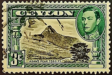Почтовая марка (3 c.). "Король Георг VI и пейзажи". 1938 год, Цейлон.