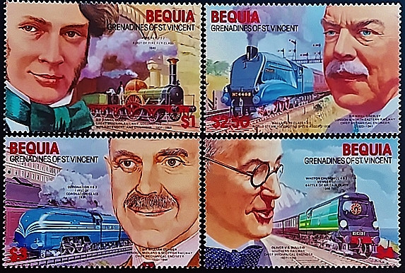 Набор марок (4 шт.). "Локомотивы и инженеры". 1986 год, Сент-Винсент и Гренадины (остров Бекия). Набор марок (4 шт.). "Локомотивы и инженеры". 1986 год, Сент-Винсент и Гренадины (остров Бекия).
