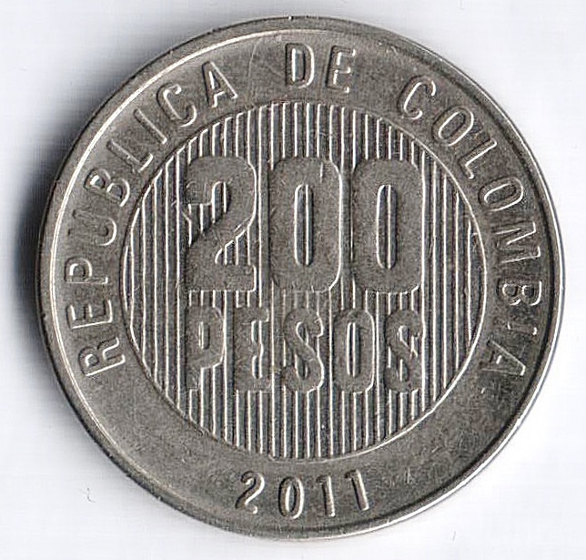 Монета 200 песо. 2011 год, Колумбия.