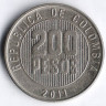 Монета 200 песо. 2011 год, Колумбия.