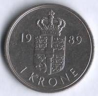 Монета 1 крона. 1989 год, Дания. R;B.