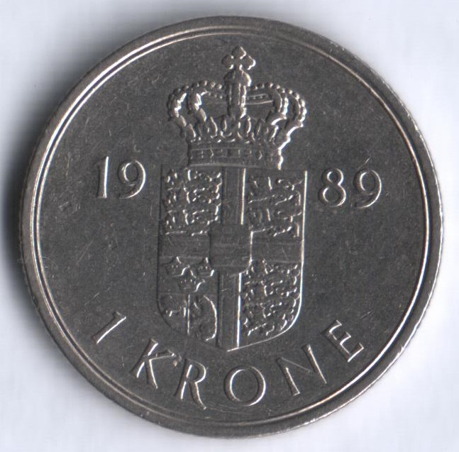 Монета 1 крона. 1989 год, Дания. R;B.