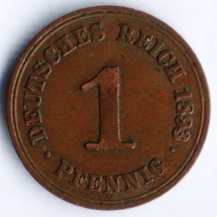 Монета 1 пфенниг. 1893 год (A), Германская империя.
