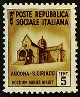 Марка почтовая. "Церковь Сан-Чириако в Анконе". 1944 год, Италия (Социальная Республика).