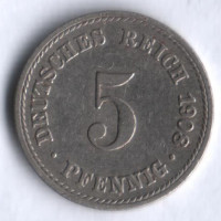 Монета 5 пфеннигов. 1908 год (A), Германская империя.