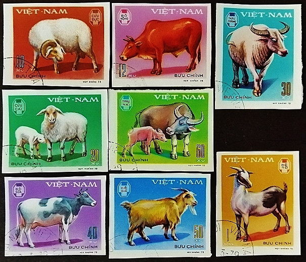 Набор почтовых марок (8 шт.). "Домашние рогатые животные (II)". 1979 год, Вьетнам.