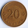 Монета 20 сантимов. 2007 год, Латвия.