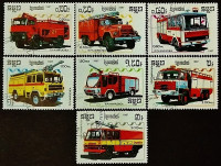 Набор почтовых марок (7 шт.). "Пожарные машины". 1987 год, Камбоджа.