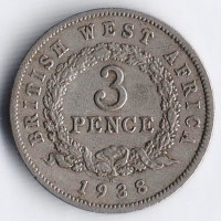 Монета 3 пенса. 1938(H) год, Британская Западная Африка.