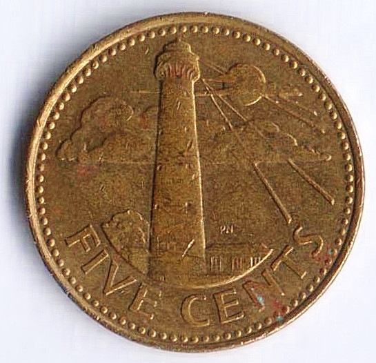 Монета 5 центов. 2002 год, Барбадос.